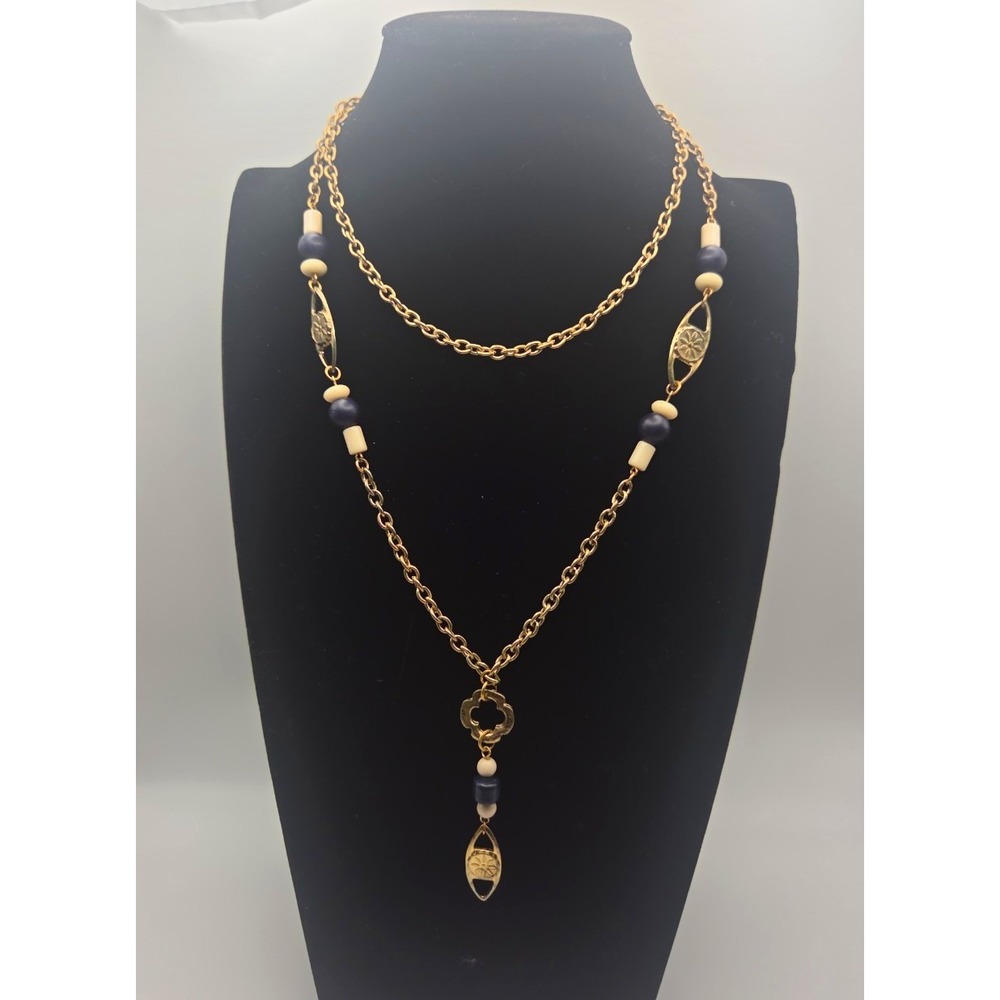 GoldTone Layered Cable Chain Necklace Blue Glass Beads Clover *might have wear*